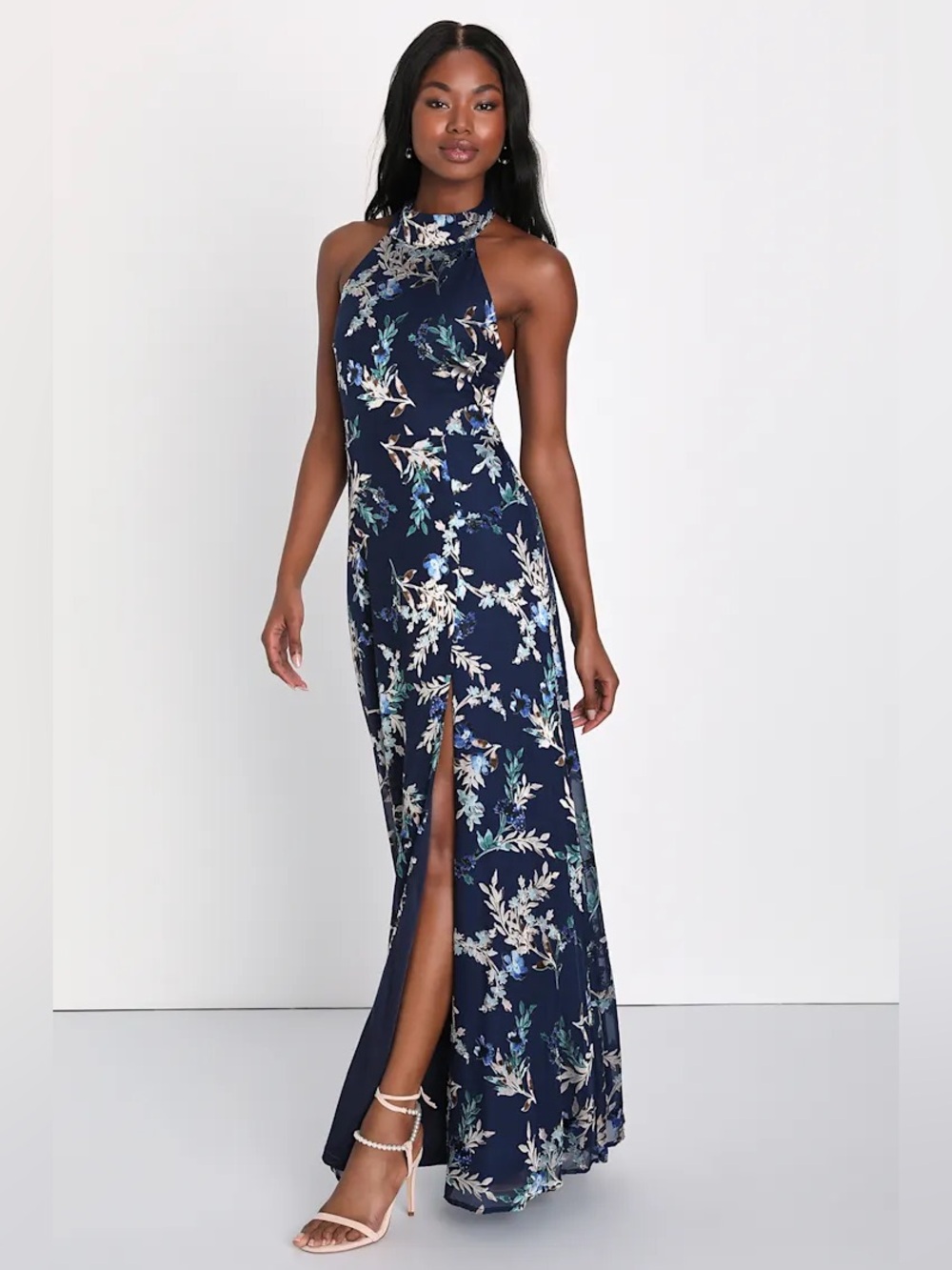 Lulu's Navy Floral Suede Halter-Style Maxi Dress with Slit Size Medium